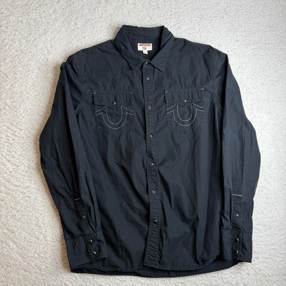 True Religion Mens Western Snap Shirt Black Horseshoe Stitch XL MYMB390MU3